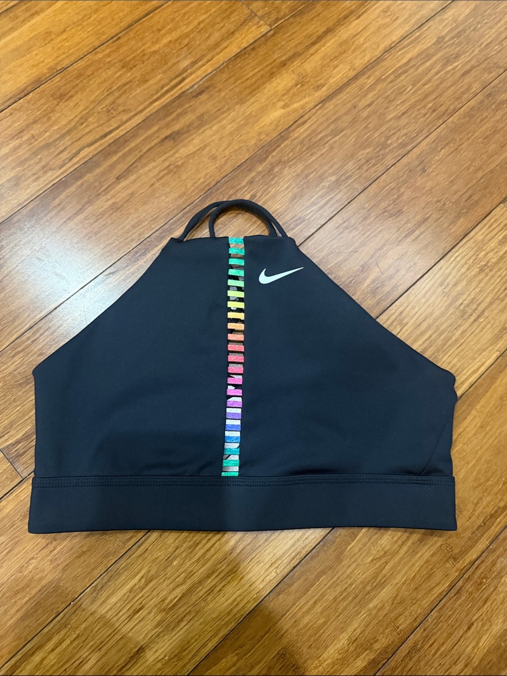 Nike Black High-Neck Sports Bra with Vertical Rainbow Stripe